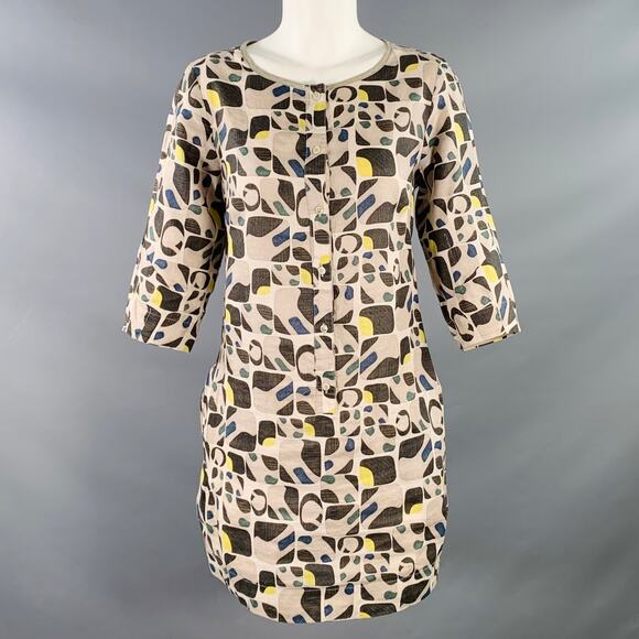 MAX MARA Size 8 Grey Multi Color Cotton Silk Abstract Short Sleeve Dress - Picture 1 of 7